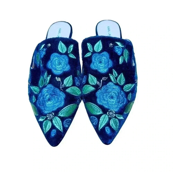 Karl Lagerfeld Niana Embroidered Floral Blue Velvet Mule•Size 7.5•New No Box•